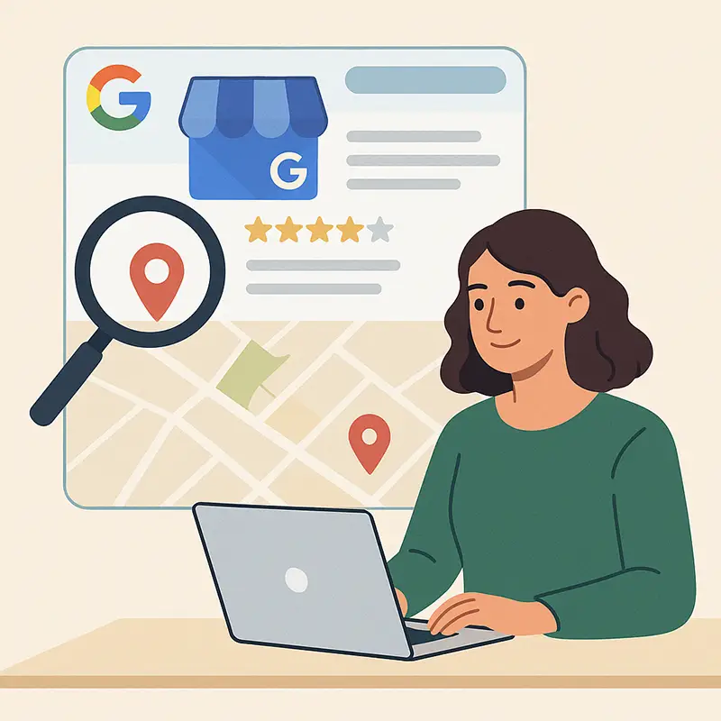 Illustration d'une fille qui crée sa fiche Google my Business.