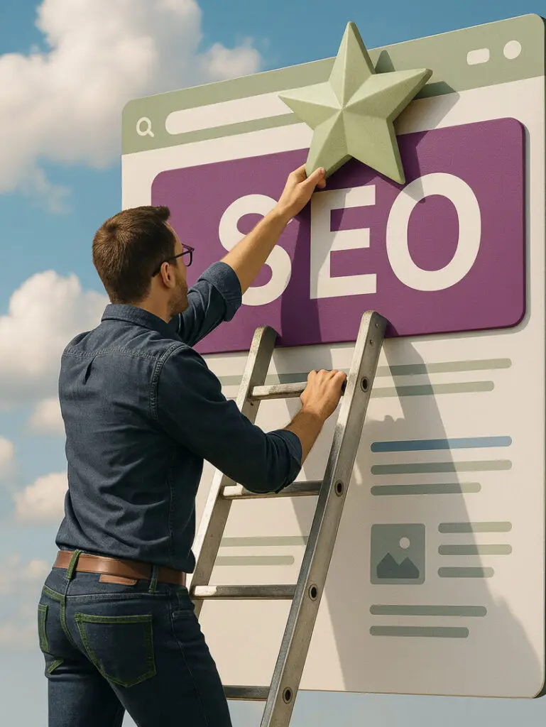 Homme montée dans une scalier qui afiche une etoile dans un paneau. Illustre l'efficacité du référencement SEO pour rendre visibles les commerces et les entreprises.