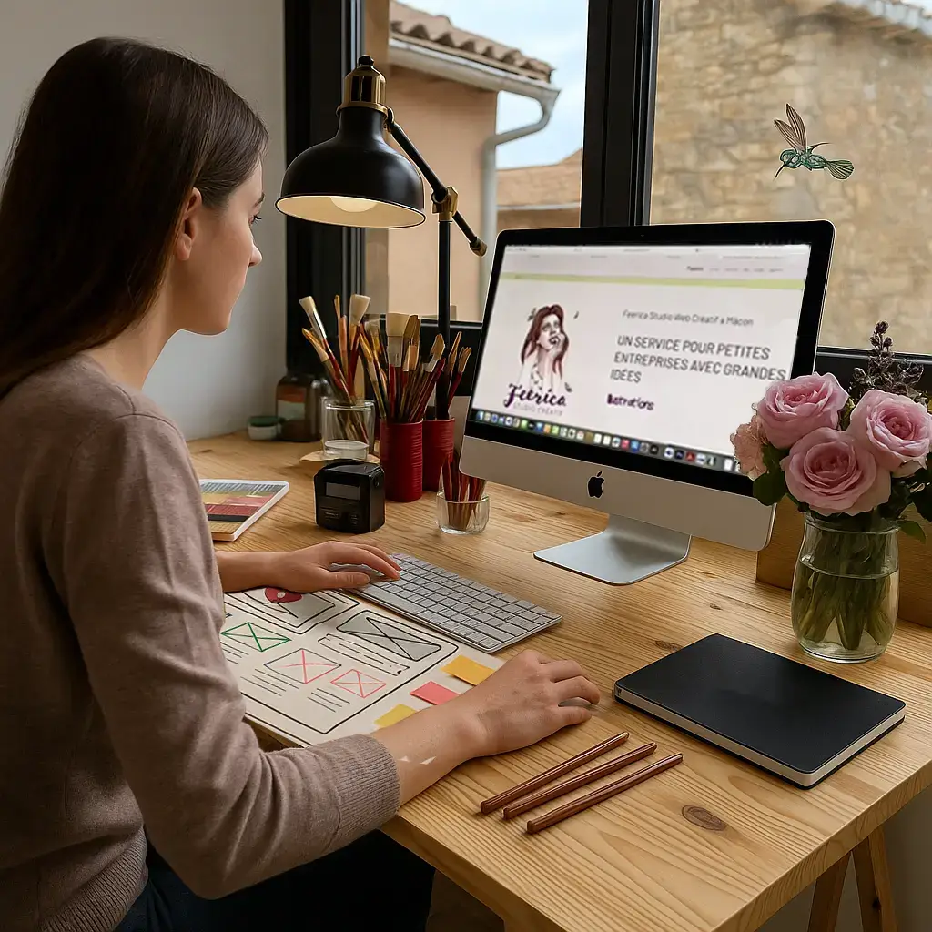Stagière en train de travailler sur l'ordinateur dans l'agence boutique de communication à Mâcon