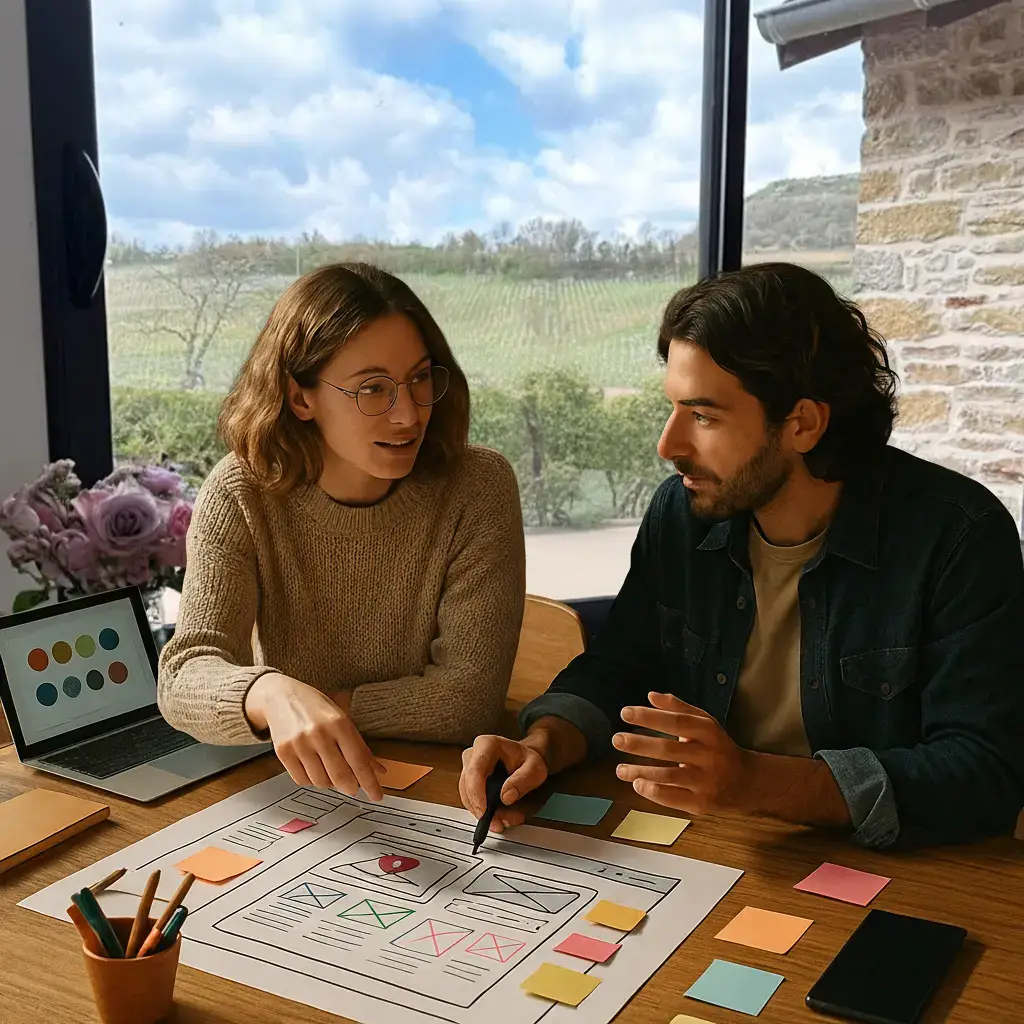 Deux personnes partagent information sur la creation d'un site internet créatif et strategique.